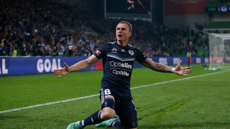MELBOURNE, AUSTRALIA - APRIL 22:  Besart Berisha of the Victory celebrates a goal during the A-League Elimination Final match between Melbourne Victory and Adelaide United at AAMI Park on April 22, 2018 in Melbourne, Australia.  (Photo by Daniel Pockett/Getty Images)