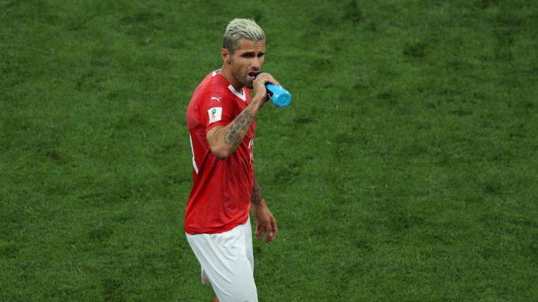 ROSTOV-ON-DON, RUSSIA - JUNE 17: Valon Behrami of Switzerland has a drink during the 2018 FIFA World Cup Russia group E match between Brazil and Switzerland at Rostov Arena on June 17, 2018 in Rostov-on-Don, Russia. (Photo by Catherine Ivill/Getty Images)