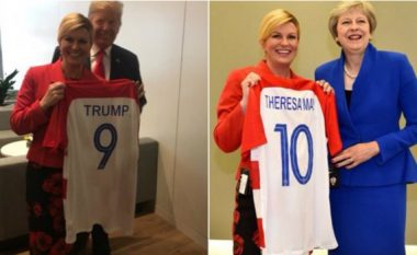 Presidentja kroate ndan fanellat e botërorit të ekipit kombëtar në Bruksel: Trump e pranon me kënaqësi, May me buzëqeshje të thartë