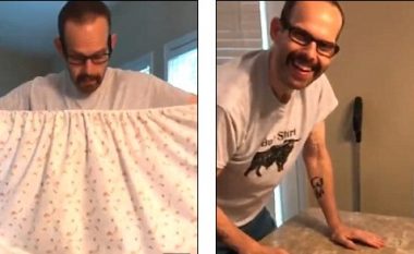 Për ta bindur bashkëshortin se punët e shtëpisë nuk janë të lehta, i dha çarçafin për ta palosur – atij iu deshën dy orë e gjysmë (Video)