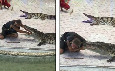 Tentoi të bënte “spektakël” duke futur krahun në gojën e krokodilit – gjithçka shkoi mirë deri kur u “trazua” bisha! (Video)