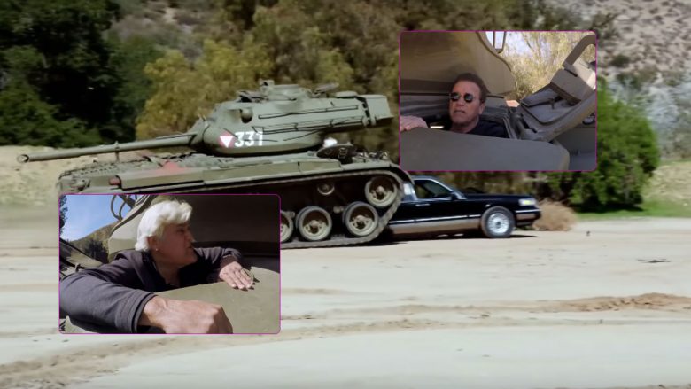 Schwarzenegger është kthyer më i fortë se kurrë, në një emision me Jay Lenon niset në mision shkatërrimi me tankun e tij