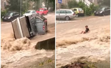 Përmbytje të mëdha në Beograd, uji rrëmben njerëz e kontejnerë (Video)