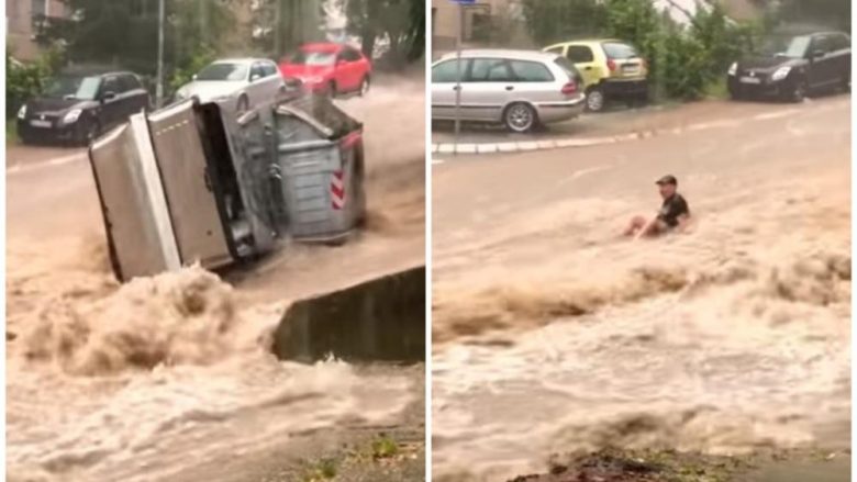 Përmbytje të mëdha në Beograd, uji rrëmben njerëz e kontejnerë (Video)