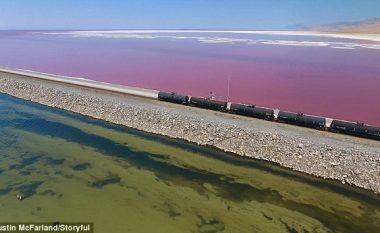 Liqeni i ndarë në mes ka ujëra me dy lloje ngjyrash, shkaku i nivelit të ndryshëm të kripës (Video)