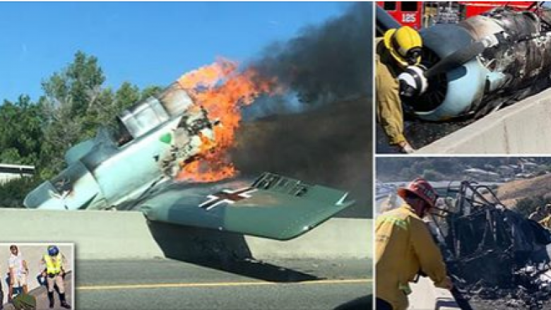 Aeroplani rrëzohet në një autostradë në Kaliforni, pilotin e shpëtojnë para se fluturakja të përfshihej nga zjarri (Foto/Video)