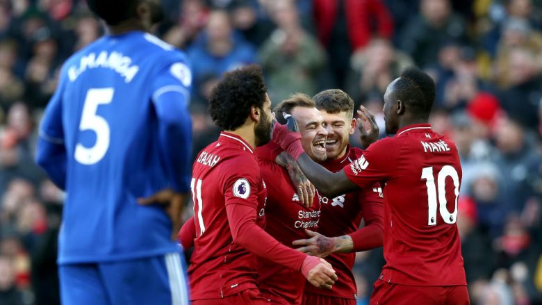 Liverpooli bëhet lider pas fitores së lehtë ndaj Cardiffit, Shaqiri shënon pas inkuadrimit nga banka
