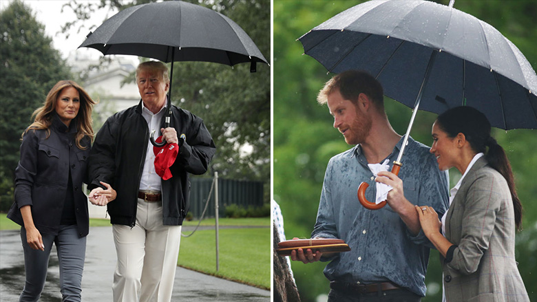 Një shembull për Donald Trumpin, Meghan Markle ia mban çadrën princit Harry dhe nuk e lë në shi
