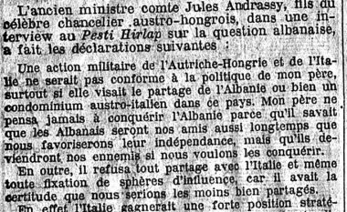 Gyula Andrassy, më 1913: Jam kundër ndarjes së Shqipërisë mes Austro-Hungarisë dhe Italisë