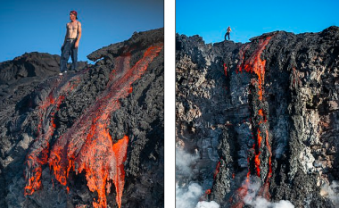 Pozon gjysmë i zhveshur pak metra larg llavës së vullkanit në Havai, temperatura e të cilës arrin në 1,600 gradë celsius (Foto)