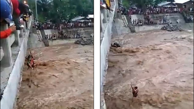 Uji i rrëmbyeshëm i lumit merr “me vete” nënën me tre fëmijë, zjarrfikësi i shpëton duke i tërhequr nga ura me litar (Video)