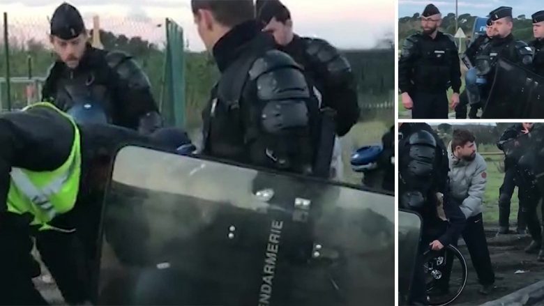 Burri në karrocë rrëzohet në tokë nga policia, gjatë protestave në Francë (Video)
