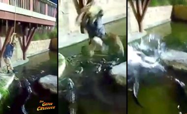 Deshi të luhatej, e tradhtoi litari – burri bie në pishinën e mbushur me aligatorë (Video)