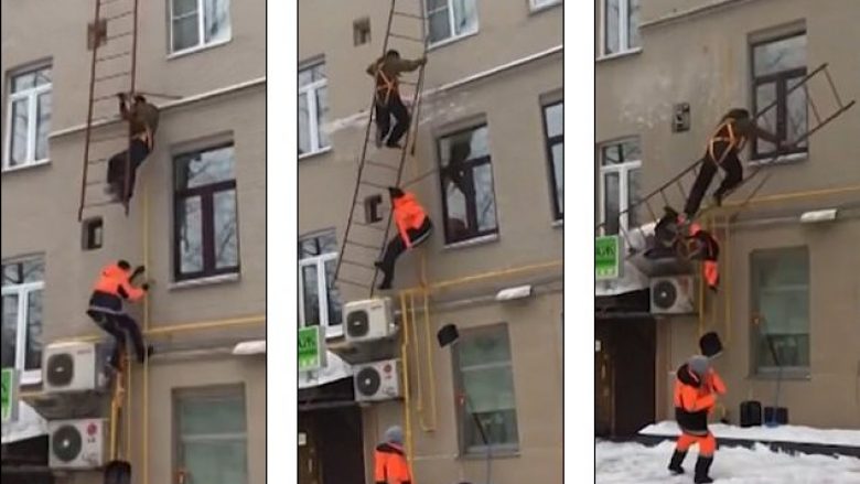 Ngjiten nëpër shkallët emergjente për ta pastruar borën në kulmin e ndërtesës, ato shemben dhe rrëzohen punonjësit rusë (Video)