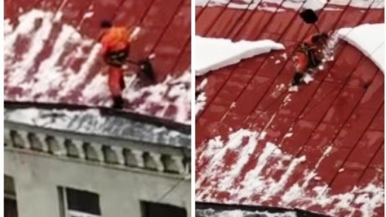 Punonjësi rus pastronte borën në kulmin ndërtesës pa pajisje mbrojtëse, rrëshqet dhe bie në tokë – shpëton mrekullisht (Video, +18)