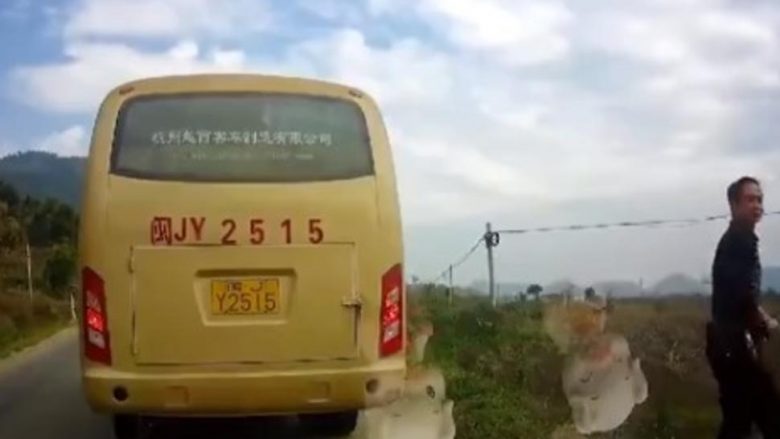 Ndali autobusin në skaj të rrugës për të urinuar, derisa kaloi rrugën për pak sa nuk e pësoi nga vetura që lëvizte (Video)