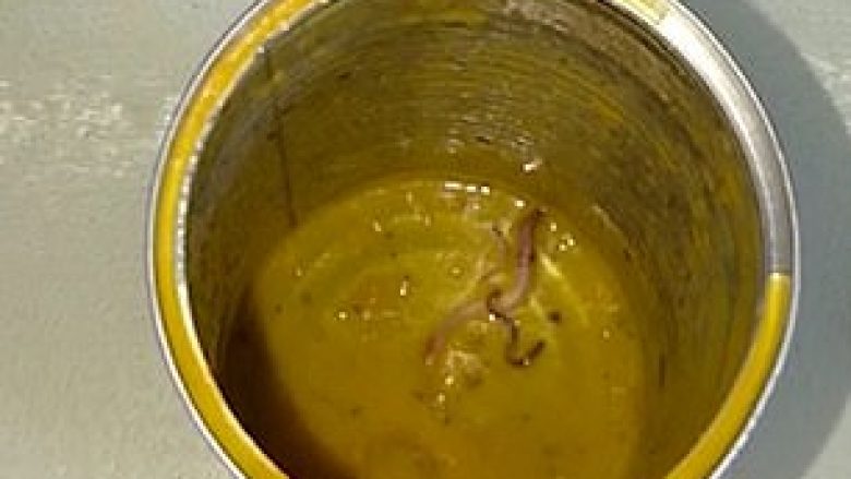 Brenda konservës së supës gjeti edhe krimba të ngordhur (Video)