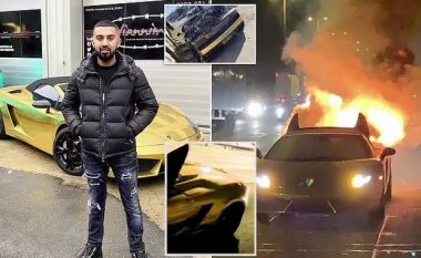 Biznesmeni shikon i tmerruar pasi Lamborghini i tij 140 mijë dollarësh shpërthen në flakë në autostradë (Foto/Video)