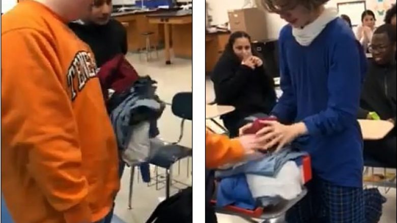 Befasojnë shokun e klasës, i dhurojnë një palë atlete – i riu shpërthen në lot nga emocionet (Video)
