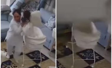 Gruaja vrapon me shpejtësi për ta nxjerrë foshnjën nga karroca, disa sekonda më pas shembet pllaka e shtëpisë – e shpëton në moment e fundit (Video)
