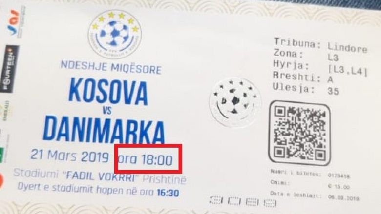 FFK-ja arsyetohet pse në disa bileta fillimi i ndeshjes Kosovë-Danimarkë është në ora 18:00