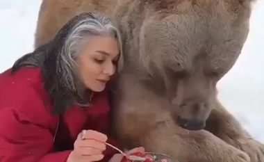 Qëndron shumë pranë ariut gjigant, për ta ushqyer me luleshtrydhe të ngrira (Video)