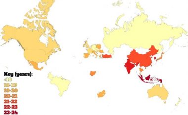 Harta e botës sipas moshës mesatare kur njerëzit e humbin virgjërinë