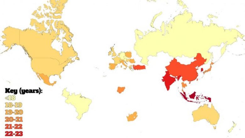 Harta e botës sipas moshës mesatare kur njerëzit e humbin virgjërinë