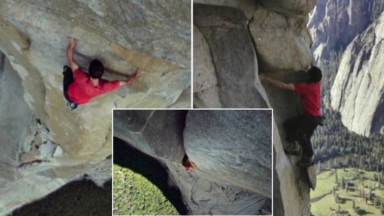 Çfarë mund të thuhet për këtë njeri? Pamjet kur alpinisti ngjitet në gati 900 metra lartësi, pa përdorur asnjë litarë të vetëm (Video)