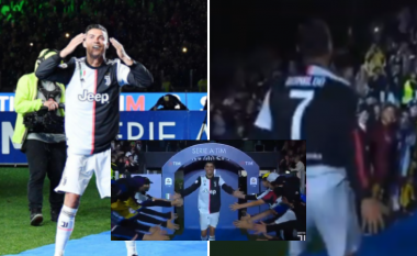I gjithë stadiumi i Juves iu bashkua Ronaldos në thirrjen e tij të njohur "SI" gjatë festës