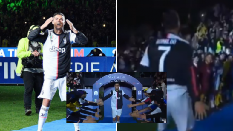 I gjithë stadiumi i Juves iu bashkua Ronaldos në thirrjen e tij të njohur “SI” gjatë festës