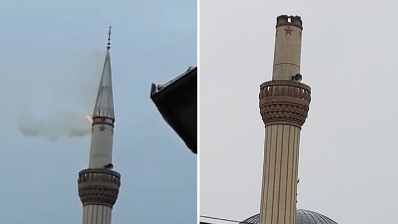 Rrufeja godet minaren e Xhamisë në fshatin Rashçe të Shkupit (Video)