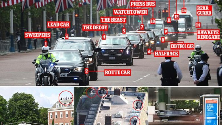 Siguri maksimale për Trumpin në Britani, 14 makina të armatosura dhe “The Beast” që shoqëron presidentin (Video/Foto)