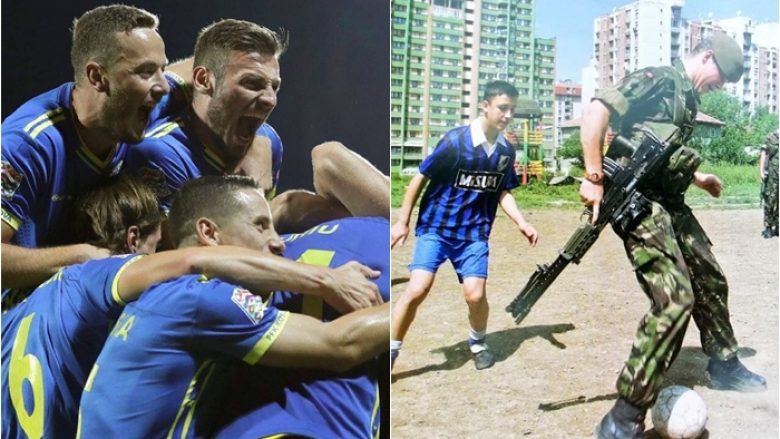 Foto e pasluftës me ushtarët anglezë dhe disa djem të rinj duke luajtur futboll bëhet ‘hit’ edhe në mesin e lojtarëve të Kosovës