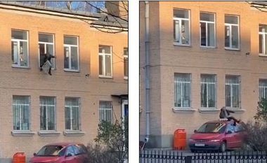 E kishin prangosur për radiatori, i dyshuari kërcen nga kati i dytë i stacionit të policisë ruse – videoja amatore shfaq momentin interesant