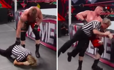 Nokautohet edhe gjyqtari – Brock Lesnar e kap atë me vetëm një dorë dhe e fut sërish në ring
