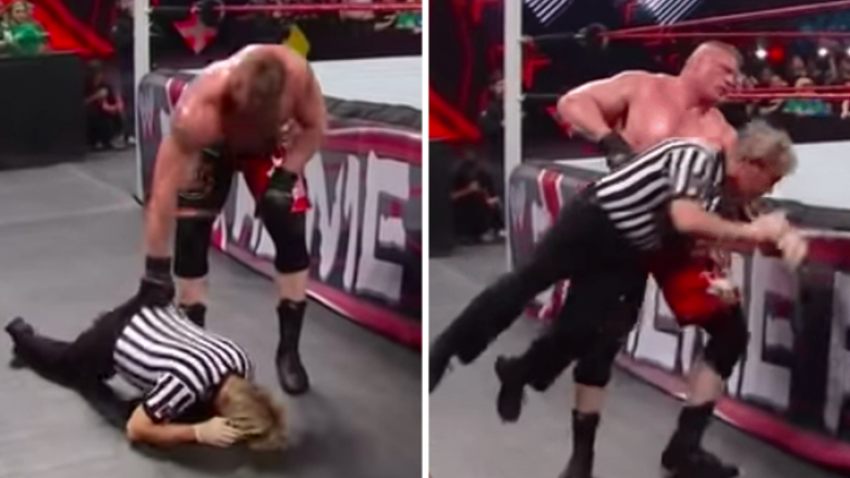 Nokautohet edhe gjyqtari – Brock Lesnar e kap atë me vetëm një dorë dhe e fut sërish në ring