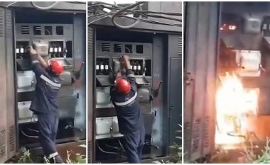 Elektricisti rus po punonte në një transformator, i cili shpërtheu papritmas – një dëshmitar kapi pamjet e incidentit