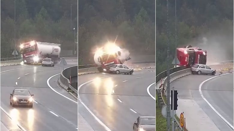 Pamjet e një aksidenti të tmerrshëm në Slloveni: Vetura godet kamionin dhe e nxjerr nga rruga – përfundon në humnerë