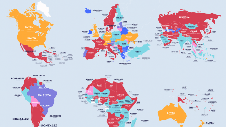 Publikohet harta që tregon mbiemrat më të zakonshëm në botë, sipas vendeve – përfshirë Kosovën dhe Shqipërinë