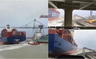 Anija e mallrave përplaset me vinçin gjigant në një port të Belgjikës – publikohen pamjet e rrëzimit të vinçit