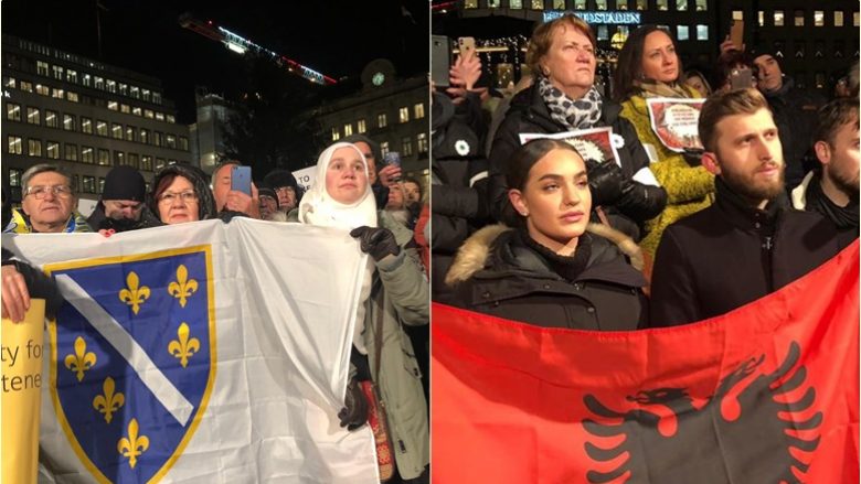 Protestat kundër ceremonisë së Çmimit Nobel për Handke në Stokholm, nuk mungonte as flamuri shqiptar