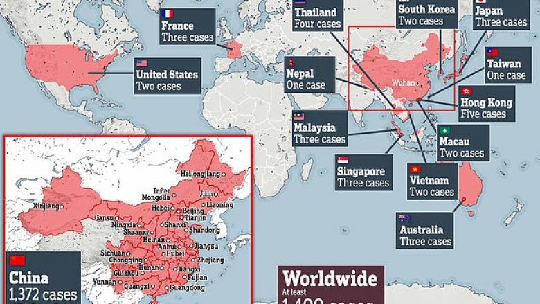 Kjo është harta e botës që tregon vendet e prekura deri më tani nga virusi vdekjeprurës