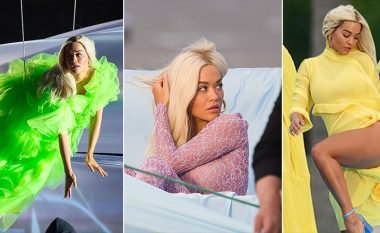 Rita Ora "fluturon në ajër" gjatë xhirimeve të reklamës së re, ndërsa shfaqet e veçantë në tri veshje të ndryshme