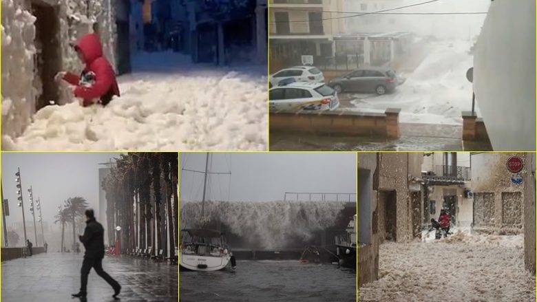 Moti i keq, rrugët e një qyteti mbushen me shkumë të detit – pamje që tregojnë pasojat e stuhisë që vazhdon të godasë Spanjën