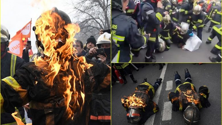 Zjarrfikësit dhe policia luftojnë njëri-tjetrin, pamje të protestave të dhunshme në rrugët e Parisit