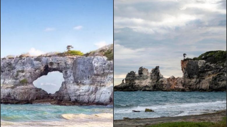 Fotografi që tregojnë një formacion gurësh, para dhe pas tërmetit në Porto Riko