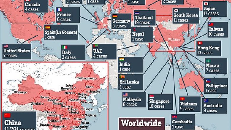 Harta e botës që tregon vendet e prekura deri më tani nga virusi vdekjeprurës