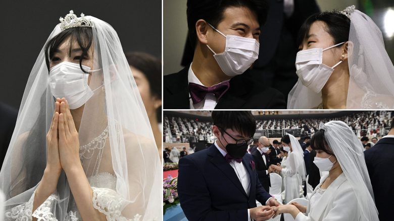 Me maska në fytyrë – coronavirusi nuk i ndalon këto mijëra çifte të martohen, përkundër frikës nga virusi vdekjeprurës