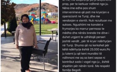 Rejhane Begolli ka nevojë për ndihmë financiare, shërimi në Turqi i kushton 25 mijë euro